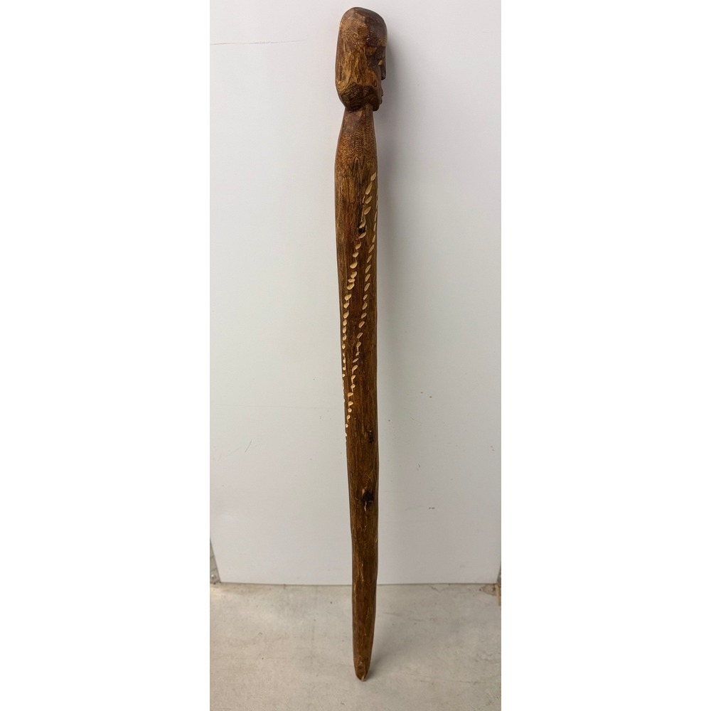 Vintage Hand Carved Wood Staff Walking Stick Human Face Folk Art 36.5 Inch